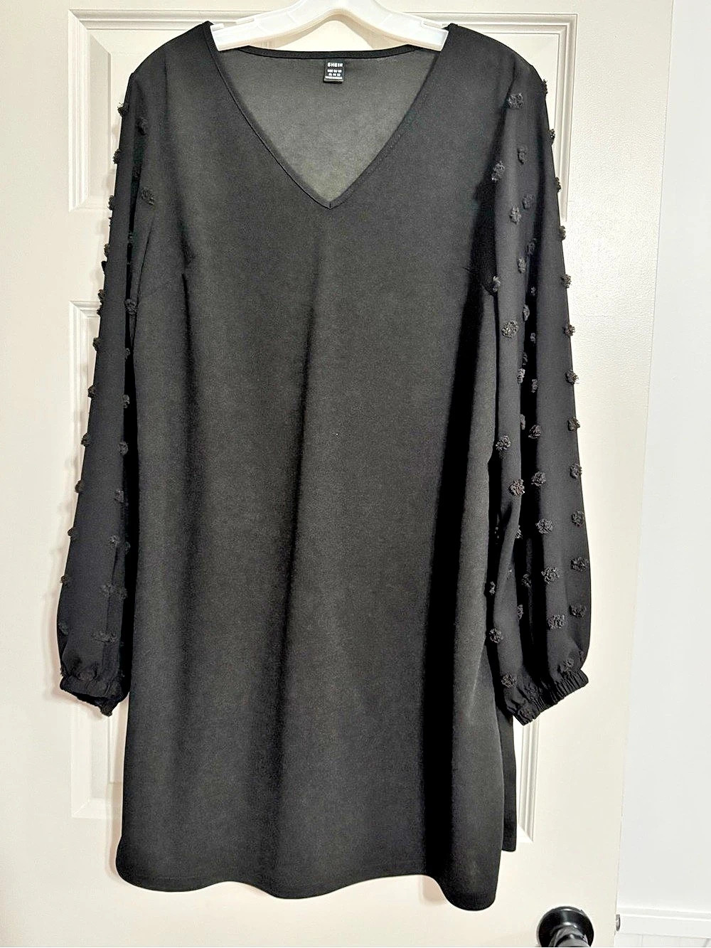 SHEIN Swiss Dot Lantern Sleeve Dress Textured Sleeve Mini Dress in Black Size XL